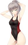 adjusting_hair armpits arms_up bad_id bad_pixiv_id competition_swimsuit covered_navel cowboy_shot girls_und_panzer green_eyes hair_tie hair_up highres itsumi_erika mouth_hold nksk one-piece_swimsuit ponytail rubber_band short_hair silver_hair solo standing swimsuit tying_hair 