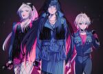  3girls absurdres aohitsugi_nemu benibeni blue_hair breast_pocket breasts closed_mouth collarbone collared_jacket commentary_request earrings fishnet_pantyhose fishnets gloves hair_ribbon half_gloves hat highres hime_cut holding holding_microphone hypnosis_mic jacket jewelry kadenokoji_ichijiku kotonohatoh large_breasts long_sleeves makeup microphone multiple_girls necklace pant_suit pants pantyhose pink_eyes pink_gloves pink_shorts pocket ribbon shorts suit tohoten_otome white_hair 