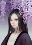  black_hair blurry breasts cleavage depth_of_field flower highres lipstick makeup original pale_skin purple_eyes red_lipstick saikac small_breasts solo upper_body wisteria 