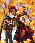 1girl 2boys absurdres argyle_clothes argyle_skirt argyle_sweater black_eyes black_skirt blue_hat blue_pants blue_sweater brown_hair brown_sweater camera casual commentary_request day denim falling_leaves fangs father_and_child father_and_son feet_out_of_frame fur_hat gegege_no_kitarou hair_over_one_eye hat highres holding holding_camera holding_map jeans kitarou leaf map medama_oyaji mini_person miniboy multiple_boys nekomusume nekomusume_(gegege_no_kitarou_6) newsboy_cap one-eyed one_eye_closed open_mouth outdoors outstretched_arm pants pantyhose parent_and_child pointing pointy_ears purple_hair red_eyes red_hat red_skirt short_hair silanduqiaocui single-lens_reflex_camera skirt smile standing sweater teeth tree two-tone_skirt two-tone_sweater upper_teeth_only yellow_eyes 