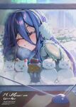  1girl absurdres aris_(blue_archive) aris_(winter)_(blue_archive) black_hair blue_archive blush character_snowman commentary_request earmuffs english_text green_halo grin hair_between_eyes halo highres kei_(orange_robot)_(blue_archive) long_hair long_hair_between_eyes mini_snowman minibi_(minibeat) mittens scarf smile snow snowman solo winter winter_clothes 