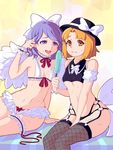  2girls bikini blue_eyes blue_hair choker crop_top crop_top_overhang fishnets food food_on_body food_on_face frilled_bikini frills garter_straps hair_ornament hair_ribbon hat hat_ribbon highres leg_garter looking_at_viewer mai_(touhou) midriff multiple_girls navel open_mouth orange_eyes orange_hair phallic_symbol popsicle ribbon sexually_suggestive short_hair sitting smile swimsuit tears tongue tongue_out touhou touhou_(pc-98) wings wrist_cuffs yuki_(touhou) 