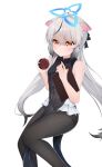  1girl :t absurdres adapted_costume animal_ear_fluff animal_ears bare_arms bare_shoulders black_bow black_dress black_pantyhose black_streaks blue_archive blue_halo blush bow breasts china_dress chinese_clothes closed_mouth clothing_cutout commentary covered_navel diamond_cutout dress eyes_visible_through_hair feet_out_of_frame gradient_hair grey_hair hair_between_eyes hair_bow half_updo halo hands_up highres holding holding_notepad holding_stamp ink_stamp invisible_chair kokona_(blue_archive) long_hair looking_at_viewer multicolored_hair notepad orange_eyes pantyhose pelvic_curtain pout sakura_koigetsu sidelocks simple_background sitting sleeveless sleeveless_dress small_breasts solo sparkling_eyes streaked_hair striped_clothes striped_dress thighs tiger_ears tiger_girl variant_set vertical-striped_clothes vertical-striped_dress very_long_hair white_background 