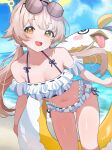  1girl absurdres bare_shoulders beach bikini blue_archive blush breasts cleavage collarbone commentary day eyewear_on_head frilled_bikini frills halo hifumi_(blue_archive) hifumi_(swimsuit)_(blue_archive) highres innertube long_hair looking_at_viewer low_twintails navel ocean official_alternate_costume open_mouth outdoors peroro_(blue_archive) round_eyewear shusuchii side-tie_bikini_bottom sky small_breasts smile solo sunglasses swim_ring swimsuit teeth twintails untranslatable_commentary upper_teeth_only white_bikini yellow_eyes 