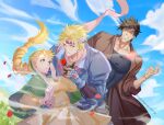  1girl 2boys battle_tendency blonde_hair blue_eyes blue_sky brown_coat caesar_anthonio_zeppeli cloud coat collarbone commentary dress english_commentary fingerless_gloves flower gloves headband highres holding holding_flower jojo_no_kimyou_na_bouken joseph_joestar joseph_joestar_(young) looking_at_another multiple_boys petals red_flower red_rose rose short_hair sky suzi_q xiaotianxia yellow_dress 