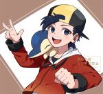  1boy :d backwards_hat black_hair black_hat black_shirt clenched_hand collarbone commentary_request cyndaquil ethan_(pokemon) grey_eyes happy hat jacket male_focus on_shoulder open_mouth pokemon pokemon_(creature) pokemon_heartgold_and_soulsilver pokemon_on_shoulder red_jacket shirt short_hair smile teeth toi_(nisanrei121) twitter_username upper_teeth_only w watermark 