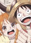  1boy 1girl black_hair blush braid brown_eyes cape choker commentary earrings eyelashes fake_horns fur_cape gold_choker helmet highres horned_helmet horns jewelry long_hair looking_at_viewer ming_qing monkey_d._luffy nami_(one_piece) official_alternate_costume official_alternate_hairstyle one_piece open_mouth orange_hair pearl_earrings pointing pointing_at_viewer pointing_forward red_cape scar scar_on_cheek scar_on_face single_braided_sidelock untranslatable_commentary upper_body yellow_cape 
