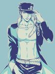  adjusting_clothes adjusting_hat bad_id bad_pixiv_id blue chain collarbone gakuran hand_in_pocket hat jojo_no_kimyou_na_bouken kuujou_joutarou male_focus monochrome school_uniform sokka_(kbs) solo upper_body 