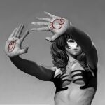  1boy absurdres armpits artist_name bon99bunny circle clitoris commentary curly_hair face_piercing fear_&amp;_hunger_(series) fear_&amp;_hunger_2:_termina from_below grey_background hand_shadow_covering_breasts_(meme) highres long_hair looking_at_viewer marina_(fear_&amp;_hunger) meme mouth_piercing no_nipples nude one_eye_covered open_hands outstretched_arms outstretched_hand parted_lips partially_colored pectorals piercing pussy scar scar_on_hand shadow shadow_censor shadow_puppet simple_background solo spread_fingers standing upper_body 