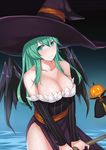  alternate_costume bare_shoulders blue_background blush breasts broom cleavage collarbone cosplay cowboy_shot detached_sleeves dragon's_crown gradient gradient_background green_eyes green_hair halloween hat holding jack-o'-lantern kantai_collection large_breasts long_hair long_sleeves looking_at_viewer pumpkin solo sorceress_(dragon's_crown) sorceress_(dragon's_crown)_(cosplay) sukitsukasa suzuya_(kantai_collection) v_arms water wings witch_hat 