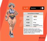  1girl abs arm_markings artist_name belt buruma character_name character_profile crop_top deviantart_logo deviantart_username english_text full_body grey_hair hand_on_own_hip height highres looking_at_viewer machoke muscular muscular_female orange_background personification pokedex_number pokemon pokemon_sword_and_shield red_eyes shirt short_hair sleeveless sleeveless_shirt smirk sports_bikini taruyamame venus_symbol watermark weight 