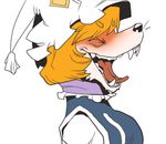  ^_^ animal animalization blonde_hair closed_eyes clothed_animal fangs fox from_side hat laughing no_humans onikobe_rin open_mouth short_hair simple_background solo tongue tongue_out touhou upper_body white_background yakumo_ran 
