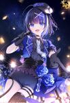  1girl absurdres amaki_ruto black_gloves black_thighhighs blue_eyes blue_hair center_frills closed_mouth commentary_request frills gloves hair_ornament hand_up highres himekawa_hibiki holding holding_microphone idol jacket mahjong_soul microphone multicolored_hair necktie night official_art open_clothes open_jacket open_mouth outdoors purple_hair second-party_source sharp_teeth short_sleeves single_thighhigh skindentation sky smile solo star_(sky) starry_sky teeth thigh_strap thighhighs upper_teeth_only white_hair x_hair_ornament 