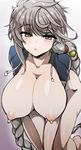  all_fours areolae asymmetrical_hair bottomless braid breasts cloud_print collarbone crop_top eyes_visible_through_hair hair_ornament hanging_breasts huge_breasts kantai_collection long_hair looking_at_viewer nipples open_clothes open_mouth silver_hair single_braid solo tanaka_ginji tareme unryuu_(kantai_collection) very_long_hair 