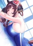  1girl absurdres animal_ears armpit_crease blush braid braided_hair_rings breasts brown_hair brown_tail cleavage commentary_request ear_covers from_side gentildonna_(umamusume) hair_ornament hair_rings heart_ear_ornament highres horse_ears horse_girl large_breasts long_hair looking_at_viewer lying menchi_rishio on_stomach poolside red_eyes revision sideboob sidelocks smile solo swimsuit tail tail_through_clothes tracen_swimsuit umamusume wet wet_clothes wet_hair wet_swimsuit 