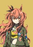  1girl animal_ears belt bomber_jacket bow breasts brown_ribbon closed_mouth crop_top dog_tags ear_bow ear_ribbon green_belt green_jacket highres horse_ears horse_girl jacket long_hair long_sleeves looking_at_viewer mayano_top_gun_(scramble_zone)_(umamusume) mayano_top_gun_(umamusume) midriff open_clothes open_jacket orange_hair ribbon shirt shorts simple_background small_breasts solo two_side_up umamusume white_shorts yellow_shirt zukki_(bijitaru) 