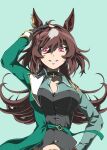  1girl animal_ears asymmetrical_jacket black_gloves breasts brown_hair ear_ornament fingerless_gloves gloves green_jacket grey_shirt hair_between_eyes hand_on_own_forehead highres horse_ears horse_girl jacket large_breasts long_hair long_sleeves looking_at_viewer multicolored_hair open_mouth pendant_choker red_eyes shirt simple_background sirius_symboli_(feroce)_(umamusume) sirius_symboli_(umamusume) smile solo streaked_hair umamusume white_hair zukki_(bijitaru) 
