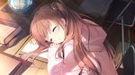  book brown_hair fish fish_tank game_cg hair_ornament highres himeno_sena hood hooded_jacket jacket koi_kakeru_shin-ai_kanojo long_hair one_side_up open_book pink_jacket sitting sleeping solo 