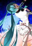  aqua_hair bow closed_eyes enomoto_kankuro frills hatsune_miku long_hair microphone midriff music open_mouth outstretched_arm ribbon singing skirt solo teeth twintails vocaloid wings 