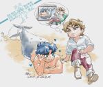  2boys birthmark blonde_hair blue_hair blush boots chair deformed dio_brando ear_birthmark frown green_eyes imagining jojo_no_kimyou_na_bouken jonathan_joestar male_focus merfolk merman monster_boy multiple_boys pants phantom_blood sand shirt sitting sketch speech_bubble thick_eyebrows thought_bubble tmblyeet yaoi 