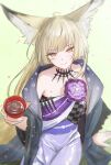  1girl animal_ear_fluff animal_ears arknights black_coat blonde_hair chinese_commentary closed_mouth coat commentary_request cup dress flower fox_ears fox_girl highres holding holding_cup long_hair open_clothes open_coat orange_eyes purple_dress purple_flower purple_sash runyo_(yale12312) sash scar scar_on_face sleeveless sleeveless_dress smile solo strapless strapless_dress vulpisfoglia_(arknights) 