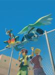  2boys ammunition_belt arm_cannon armor arms_up back-to-back bandolier belt blonde_hair blue_shirt blue_shorts blue_skin blue_sky blue_tail building chain-link_fence closed_eyes colored_skin commentary digimon digimon_(creature) digimon_adventure digimon_adventure_02 dragon dual_arm_cannons facial_mark fence fladramon flame_print galgomon gatling_gun goggles goggles_on_head green_fur green_horns green_shorts grey_shirt hands_on_own_hips helmet highres horns jacket kubota_keita layered_sleeves long_sleeves motomiya_daisuke multiple_boys on_fence open_clothes open_jacket outdoors red_armor red_helmet red_shirt shirt short_hair short_over_long_sleeves short_sleeves shorts single_horn sitting sitting_on_fence sky sleeveless sleeveless_jacket smile spiked_hair t-shirt two-tone_shirt untranslatable_commentary wallace_(digimon_adventure) weapon white_shirt wristband yellow_jacket 