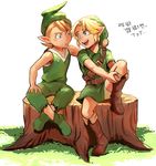  bad_id bad_twitter_id bbrangka blonde_hair blue_eyes boots child grass hat korean link mido multiple_boys pointy_ears simple_background sitting sitting_on_tree_stump sleeveless smile the_legend_of_zelda the_legend_of_zelda:_ocarina_of_time translation_request tree_stump tunic white_background 