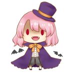  bat bow cape chibi fangs full_body halloween halloween_costume hat lowres open_mouth pants pink_hair red_eyes rinui saigyouji_yuyuko shaded_face shoes short_hair socks solo striped striped_pants top_hat touhou transparent_background vampire_costume 
