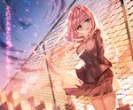  aile_(crossroads) arms_behind_back backlighting blush building chain-link_fence cityscape fence floating_hair green_eyes head_tilt long_hair long_sleeves looking_at_viewer megurine_luka necktie parted_lips pink_hair pleated_skirt red_neckwear school_uniform skirt sky skyscraper solo song_name standing star_(sky) starry_sky sunlight sunset translated vocaloid wind 