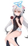  1girl :t absurdres animal_ear_fluff animal_ears bare_arms bare_legs bare_shoulders black_bow black_dress black_streaks blue_archive blue_halo blush bow breasts china_dress chinese_clothes closed_mouth clothing_cutout commentary covered_navel diamond_cutout dress eyes_visible_through_hair feet_out_of_frame gradient_hair grey_hair hair_between_eyes hair_bow half_updo halo hands_up highres holding holding_notepad holding_stamp ink_stamp invisible_chair kokona_(blue_archive) long_hair looking_at_viewer multicolored_hair notepad orange_eyes pelvic_curtain pout sakura_koigetsu sidelocks simple_background sitting sleeveless sleeveless_dress small_breasts solo sparkling_eyes streaked_hair striped_clothes striped_dress thighs tiger_ears tiger_girl variant_set vertical-striped_clothes vertical-striped_dress very_long_hair white_background 