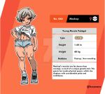  1girl abs artist_name character_name character_profile deviantart_logo deviantart_username english_text full_body grey_hair hand_on_own_hip height highres machop midriff muscular muscular_female orange_background personification pokedex_number pokemon pokemon_sword_and_shield red_eyes shirt short_hair short_sleeves shorts smirk socks taruyamame tied_shirt venus_symbol watermark weight white_socks 