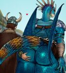  alternate_species anthro armor astrid_hofferson blue_body blue_scales bone bottomwear brown_hair butt butt_grab claws clothed clothing cosplay deadly_nadder dragon dreamworks duo female fur_clothing hair hand_on_butt headgear heart_symbol helmet hi_res hiccup_horrendous_haddock_iii horn horned_helmet how_to_train_your_dragon human josephsuchus male male/female mammal mythological_creature mythological_scalie mythology outside red_body red_scales scales scalie sharp_teeth size_difference skirt skull skull_accessory stormfly teeth viking viking_helmet 