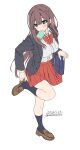  1girl absurdres adjusting_footwear bag black_jacket black_socks blazer blue_eyes blush bow bowtie braid bread bread_slice breasts brown_hair collared_shirt commentary_request food food_in_mouth full_body hair_ribbon highres jacket jam long_hair long_sleeves medium_breasts mouth_hold open_clothes open_jacket original pink_ribbon pleated_skirt putting_on_footwear red_bow red_bowtie red_skirt ribbon school_bag school_uniform shirt simple_background skirt socks solo toast toast_in_mouth unasaka_ryou white_background white_shirt 