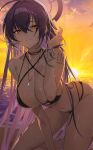  1girl arm_tattoo b_soyo1 backlighting bare_arms bare_legs bare_shoulders beach bikini black_bikini black_hair blue_archive breasts chain chain_bracelet cleavage closed_mouth cloud collarbone commentary dark-skinned_female dark_skin gradient_hair gradient_sky groin hair_between_eyes hair_intakes halo hand_up head_tilt highres jewelry karin_(blue_archive) kneeling large_breasts leaning_forward legs long_hair looking_at_viewer multi-strapped_bikini_top multicolored_hair navel necklace number_tattoo o-ring o-ring_bikini ocean outdoors purple_hair purple_halo sidelocks sky solo stomach sun sunset swimsuit tattoo thighs very_long_hair wet yellow_eyes yellow_sky 