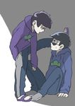  against_wall bad_id bad_twitter_id black_hair bowl_cut brothers eye_contact feet_on_wall from_side full_body hand_in_pocket hood hood_down hoodie jitome long_sleeves looking_at_another looking_down looking_up male_focus matsuno_ichimatsu matsuno_karamatsu messy_hair multiple_boys osomatsu-kun osomatsu-san pants sandals siblings sitting sleeves_past_wrists standing standing_on_one_leg sunglasses zen_nagomi 