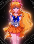  1girl aino_minako arms_behind_back bishoujo_senshi_sailor_moon blonde_hair blue_bow blue_bowtie blue_eyes bow bowtie choker circlet collarbone commentary english_commentary garnel_(letsgotomato11) gloves hair_bow highres long_hair looking_at_viewer magical_girl miniskirt orange_choker orange_sailor_collar orange_skirt parted_lips pink_bow pleated_skirt sailor_collar sailor_senshi sailor_senshi_uniform sailor_venus skirt solo sparkle sparkling_aura star_(symbol) star_choker white_gloves 