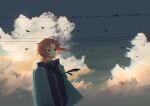  1boy bird blue_hoodie blue_jacket closed_mouth cloud cloudy_sky ensemble_stars! expressionless green_eyes highres hood hoodie jacket open_clothes open_jacket orange_hair outdoors ponytail rrubo_o school_uniform short_hair side_ponytail sky solo solo_focus too_many too_many_birds tsukinaga_leo wind yumenosaki_school_uniform 