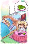  2girls artoria_pendragon_(fate) bed blonde_hair blue_hat blue_pajamas blue_shirt brown_eyes chair chibi closed_mouth collared_shirt commentary_request cup desk_lamp drinking_glass fate/grand_order fate_(series) food glasses hat indoors kashiwa_mochi_(food) kasuga_yuuki kotatsu lamp long_sleeves mochi multiple_girls mysterious_heroine_x_(fate) mysterious_heroine_x_alter_(fate) nightcap pajamas pillow plate red-framed_eyewear semi-rimless_eyewear shirt spoken_food table under-rim_eyewear under_covers white_shirt 