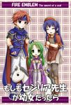  2girls :d armor black_legwear blue_eyes blue_hair boots cape capelet cecilia_(fire_emblem) closed_eyes copyright_name elbow_gloves fire_emblem fire_emblem:_fuuin_no_tsurugi gloves green_eyes green_hair hat headband horse lilina long_hair multiple_girls open_mouth pantyhose red_hair roy_(fire_emblem) smile tenmaru 