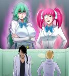  2boys 2girls :d ^^^ arms_under_breasts aura black_hair bleach bleach:_the_high_school_warfare blonde_hair blue_bow blue_bowtie blunt_bangs bow bowtie breasts clenched_teeth closed_mouth collared_shirt commentary commission crossed_arms dokugamine_riruka emblem english_commentary eyelashes eyepatch facial_mark flying_sweatdrops frown green_eyes hair_over_one_eye hair_ribbon hands_on_own_hips highres ivizard jacket kurosaki_ichigo large_breasts lips long_hair long_sleeves looking_at_another medical_eyepatch medium_breasts mini_person multiple_boys multiple_girls nelliel_tu_odelschwanck nnoitra_gilga one_eye_covered open_clothes open_jacket open_mouth pink_hair red_eyes ribbon school_uniform shirt short_hair sidelocks smile spiked_hair suit_jacket teeth thick_eyebrows twintails twitter_username upper_body upper_teeth_only v-shaped_eyebrows wavy_hair white_jacket white_ribbon white_shirt wide-eyed 