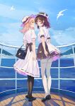  2girls :d absurdres alternate_costume alternate_headwear arms_at_sides back_bow bag bird black_bag black_bow black_hat black_pantyhose black_shoes black_skirt blonde_hair blush boat bow brown_eyes brown_hair chinese_commentary commentary_request crescent crescent_facial_mark day dress elbow_carry eye_contact facial_mark fang from_behind full_body hair_between_eyes handbag hat hat_bow highres holding holding_bag kagurachiriri loafers long_hair looking_at_another maribel_hearn medium_hair miniskirt mountain multiple_girls ocean on_boat open_mouth pantyhose pleated_dress pleated_skirt profile puffy_short_sleeves puffy_sleeves revision ribbon-trimmed_dress ribbon-trimmed_skirt ribbon_trim second-party_source shadow shirt shirt_tucked_in shoes short_sleeves side-by-side sidelocks skirt sleeve_cuffs smile standing star_(symbol) star_facial_mark touhou usami_renko watercraft white_bow white_dress white_hat white_pantyhose white_shirt yellow_eyes 