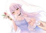  1girl absurdres ahoge bare_shoulders blue_dress bouquet breasts bridal_veil codename:_bakery_girl commentary_request dress flower highres holding holding_bouquet jewelry lusica_(bakery_girl) marriage_proposal medium_breasts reverse_collapse_(series) ring sakura_kairou veil wedding wedding_dress white_hair yellow_eyes 