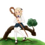  bad_id bad_pixiv_id blonde_hair blue_eyes braid brooch collared_shirt dungeon_meshi elf grass hohonko jewelry legs marcille mary_janes pantyhose pointy_ears ribbon school_uniform shirt shoes sitting skirt smile solo staff tree twin_braids white_legwear younger 