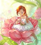  barefoot blue_eyes braid corset dated dress fairy flower holding light long_hair minigirl on_flower orange_hair original pointy_ears saikac single_braid sitting solo very_long_hair water_drop white_dress yokozuwari 