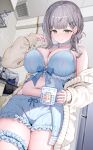  1girl absurdres babydoll blue_babydoll blue_bow blue_choker blue_shorts blunt_bangs blurry blurry_background bow breasts cardigan ceiling choker cleavage closed_mouth collared_shirt commentary_request cooking_pot covered_groin cup depth_of_field fork frilled_shorts frilled_thigh_strap frills furrowed_brow glasses green_eyes grey_hair hair_ornament hairclip hand_up highres holding holding_cup hololive indoors jewelry kettle kitchen lace lace_choker large_breasts long_hair long_sleeves looking_at_viewer midriff mug navel necklace nikumega official_alternate_costume print_mug refrigerator shirogane_noel shirogane_noel_(sleepwear) shirt short_shorts shorts single_bare_shoulder single_off_shoulder sleepwear sleeves_past_wrists snowflake_hair_ornament snowflake_ornament solo spoon standing steaming_cup stove thigh_strap thighs tile_wall tiles utensil virtual_youtuber yellow_cardigan 