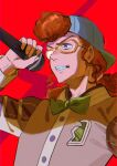  1boy ago_wani backwards_hat baseball_cap blue_hat bow bowtie classicaloid clenched_teeth fingernails franz_schubert_(classicaloid) glasses green_bow green_bowtie hat highres holding holding_microphone jacket long_hair looking_ahead male_focus microphone orange_hair ponytail purple_eyes red_background solo teeth upper_body 