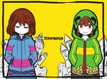  adapted_costume androgynous animated animated_gif blush brown_hair caribun chara_(undertale) closed_eyes cowboy_shot empty_eyes english floral_print frisk_(undertale) hands_in_pockets hood hooded_jacket hoodie jacket long_sleeves matryoshka_(vocaloid) multiple_others parody red_eyes shaking_head simple_background smile spoilers undertale unzipped vocaloid yellow_background zipper 