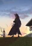  1girl absurdres ahoge backlighting blade_of_grass bleachers blue_eyes cloud colored_inner_animal_ears commentary crossed_arms dawn dream_journey_(reminder_of_dreamland)_(umamusume) dream_journey_(umamusume) glasses gradient_eyes grass grey_hair high_heels highres horse_racing_track long_hair multicolored_eyes multicolored_hair puff_and_slash_sleeves puffy_sleeves railing shadow silver_chain skirt sky solo stadium_lights standing streaked_hair striped_clothes striped_skirt tail umamusume untranslatable_commentary vertical-striped_clothes vertical-striped_skirt very_long_hair white_hair white_streaks yama_zakii 