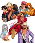  1girl 2boys bangle baseball_cap black_hair blue_overalls bracelet cheek_squash collarbone cropped_torso facial_hair grin hand_on_another's_cheek hand_on_another's_face hand_on_another's_shoulder hat headphones highres holding hood hood_down hoodie jacket jewelry ki2ri5 long_hair long_nose monkey_d._luffy multiple_boys nami_(one_piece) one_piece open_clothes open_hoodie open_jacket open_mouth orange_hair overalls pants pink_hat pointing pointing_forward purple_jacket red_hoodie red_pants reference_inset sandals scar scar_on_cheek scar_on_chest scar_on_face shirt sitting_on_shoulder smile straw_hat sweater turtleneck turtleneck_sweater twitter_username upper_body usopp white_background white_hat white_shirt yellow_sweater 