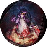  1girl barefoot black_nails blood blood_on_clothes brown_eyes brown_hair button_eyes buttons dark-skinned_female dark_skin dress e.g.o_(project_moon) full_body hand_up head_tilt holding holding_scissors huge_weapon i'll_go_fer_scissors._how_'bout_you?_(e.g.o) jacket limbus_company looking_at_viewer nai_ga nail_polish official_art outis_(project_moon) parted_lips patchwork_clothes project_moon purple_jacket scissors short_hair smile solo toenail_polish toenails weapon white_dress 